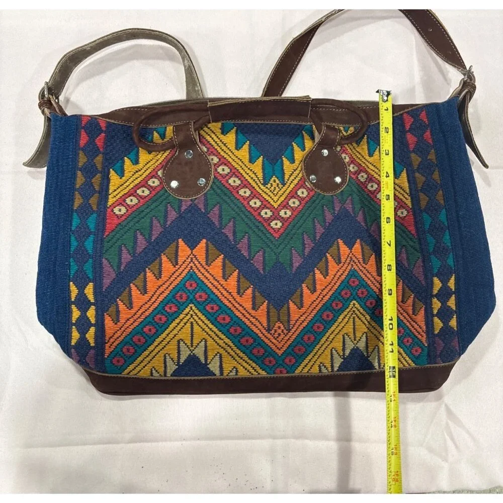 Vintage-Inspired Boho Shoulder Bag Chevron Pattern & Leather Accents Adjustable - Picture 10 of 10
